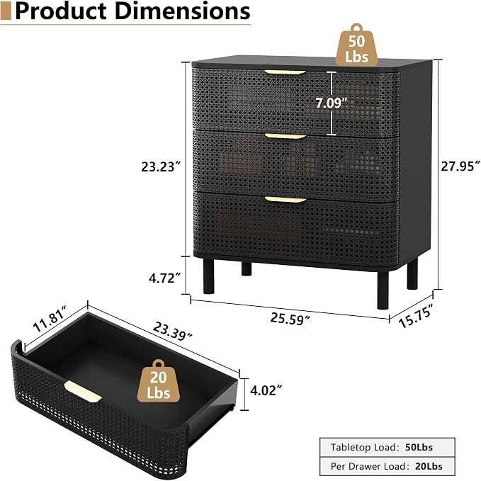ORRD 3 Drawer Dresser Set of 2, Modern Iron Rattan Cabinet Dresser - Image 2