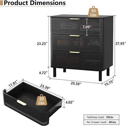 ORRD 3 Drawer Dresser Set of 2, Modern Iron Rattan Cabinet Dresser - Image 2