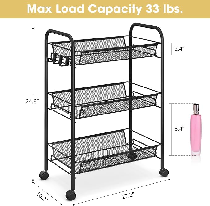 TOOLF 3-Tier Metal Rolling Cart, Mesh Wire Easy Assemble Utility Cart, Storage - Image 6