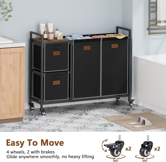 Hoctieon 4 Section Laundry Cart, 48 Gal. Laundry Hamper - Image 6