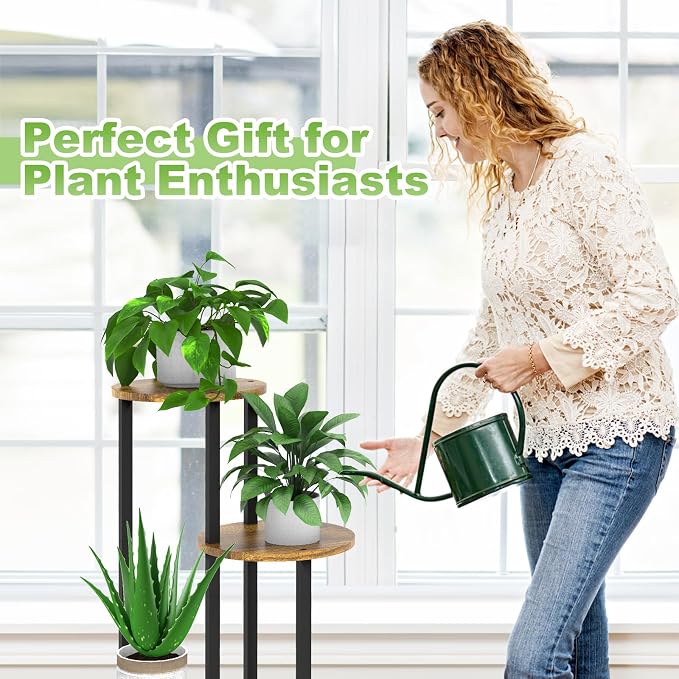 4 Tier Wood Tall Plant Stand Metal Rack Indoor, Round Planter Shelf Display - Image 7