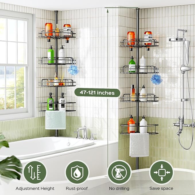 HAMITOR Corner Shower Caddy Tension Pole: 4-Tier Rust-Resistant Adjustable - Image 7