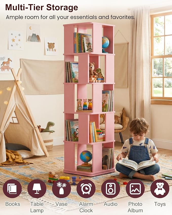5-Tier Rotating Bookshelf Tower, 360° Square Spinning Book Shelf | Floor - Image 5