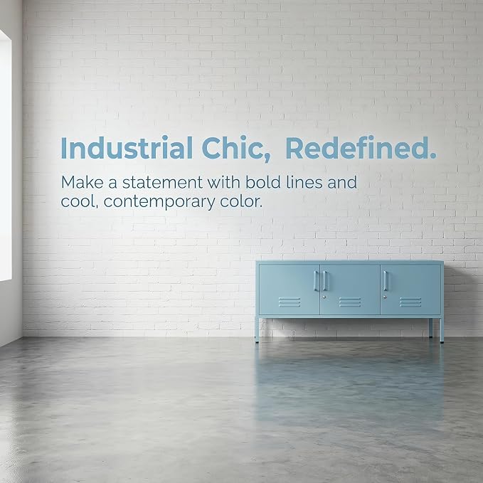 Lockable 3-Door Ocean Blue Metal TV Cabinet, Industrial Low Profile Steel Media - Image 6