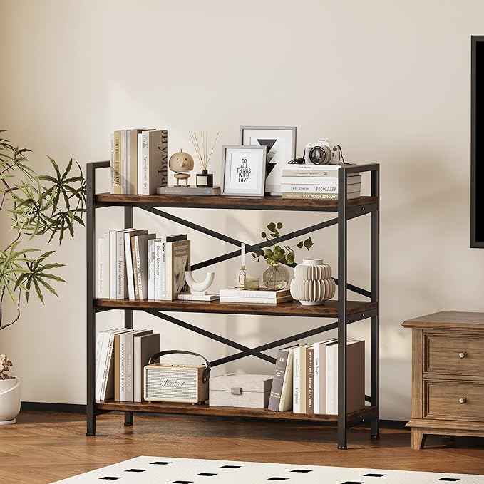 3 Tier Bookshelf 31.49" Width, Wood and Metal Etagere Bookcase, Vintage - Image 2
