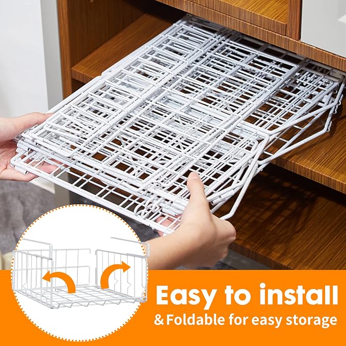 Hanging Under Shelf Storage Basket, 2 Pack Foldable Under Cabinet Metal Desk - Image 3