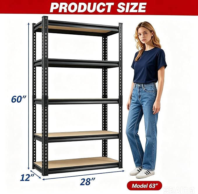 Durstruct 2400LBS Storage Shelves 5 Tier Adjustable Garage Storage Shelving | - Image 3