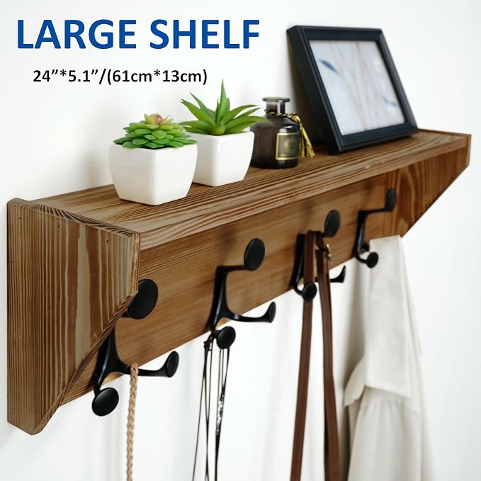 WEBI Wall Shelf with Hooks Underneath, 24” Long Wall Mounted Coat Rack with - Image 6