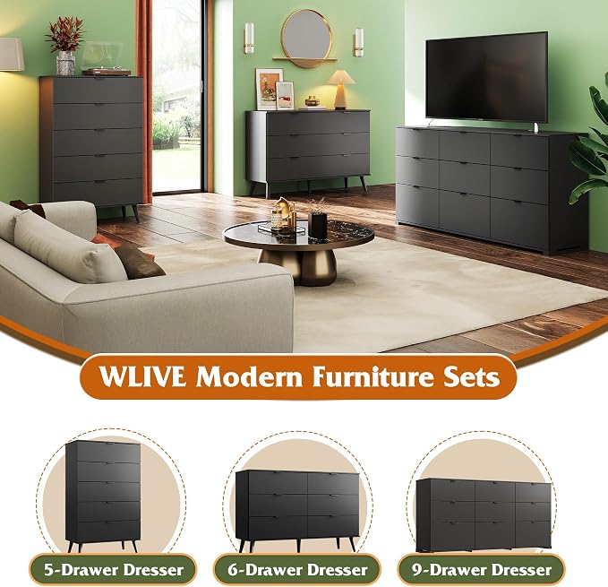 WLIVE 5 Drawer Dresser for Bedroom, Tall Wooden Dresser, Chest of Drawers for - Image 9