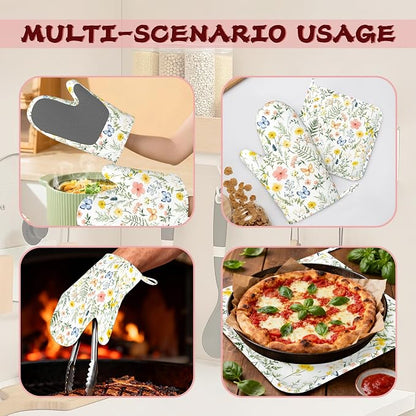 Wildflowers Oven Mitts and Pot Holders, Vintage Plants Herb Flower Butterfly - Image 6