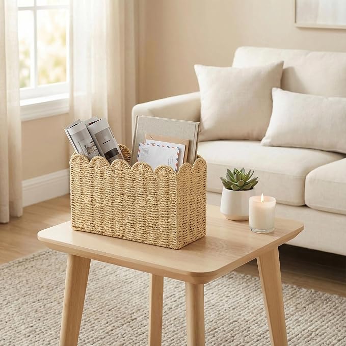 Paper Rope Magazine Holder, Tall Narrow Scalloped Basket | Handwoven Paper Rope - Image 9