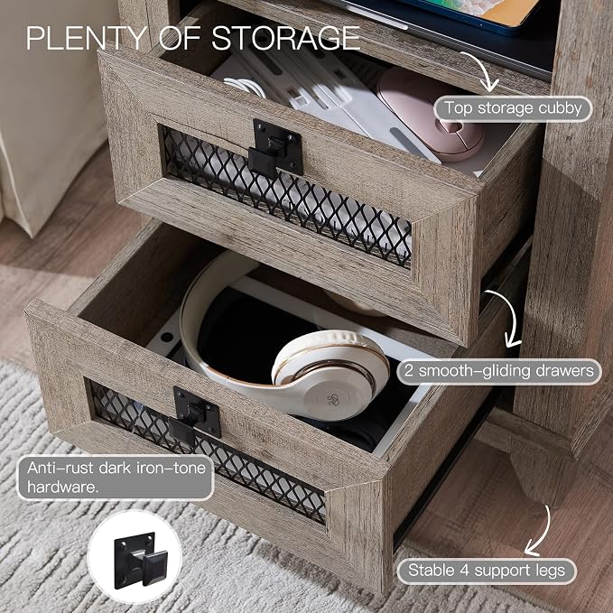 Nightstand with Charging Station, OKD 18'' Industrial & Farmhouse End Table - Image 4