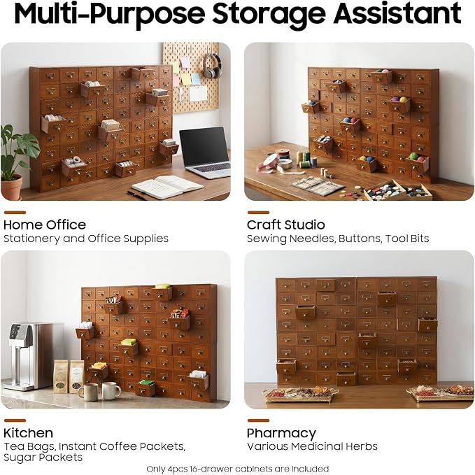 4 PCS Storage Cabinet 64 Drawer Organizer Wooden Brown Apothecary Cabinet - Image 3