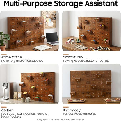 4 PCS Storage Cabinet 64 Drawer Organizer Wooden Brown Apothecary Cabinet - Image 3