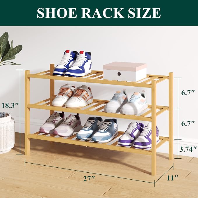 Smiry Bamboo Shoe Rack for Closet, 3 Tier Wooden Stackable Shoe Organizer - Image 2