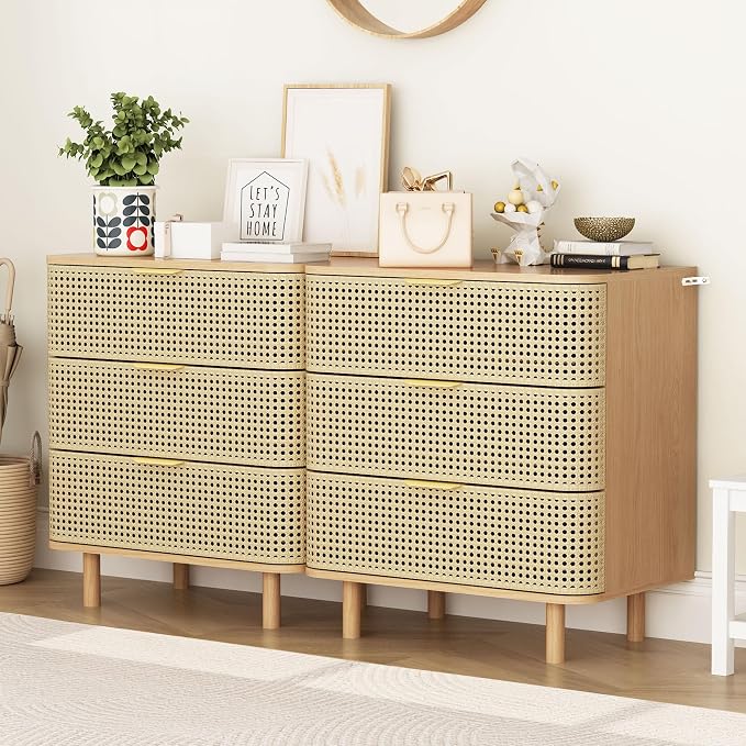 ORRD 3 Drawer Dresser Set of 2, Modern Iron Rattan Cabinet Dresser by ORRD