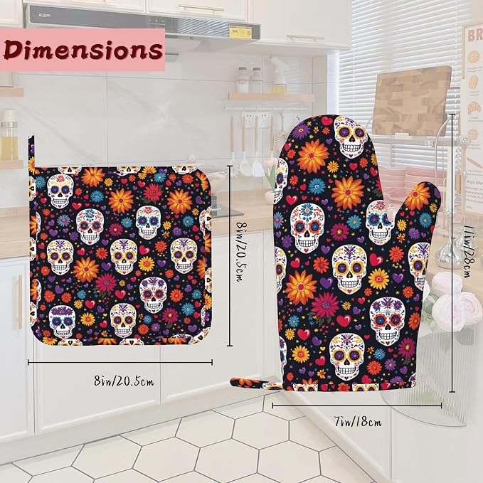Mexican Skull Heat-Resistant Silicone Oven Mitts and Pot Holders 4 Piece Set - Image 2