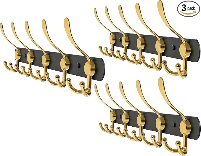 Coat Rack Wall Mount with 5 Tri Hooks, Stainless Steel 16 Inch – Black & Gold by SAYONEYES