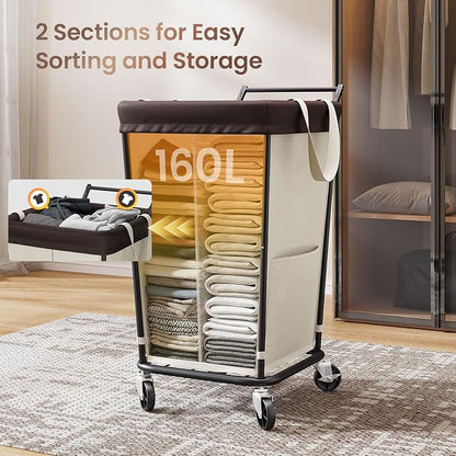 160L Laundry Hamper with Wheels and Handle, 2-Section Rolling Hamper - Image 4