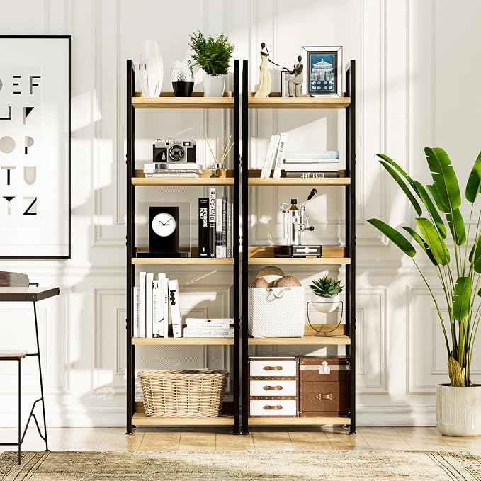 NUMENN Narrow Bookshelf, 5 Tier Freestanding Shelving Unit, Natural | Metal - Image 2