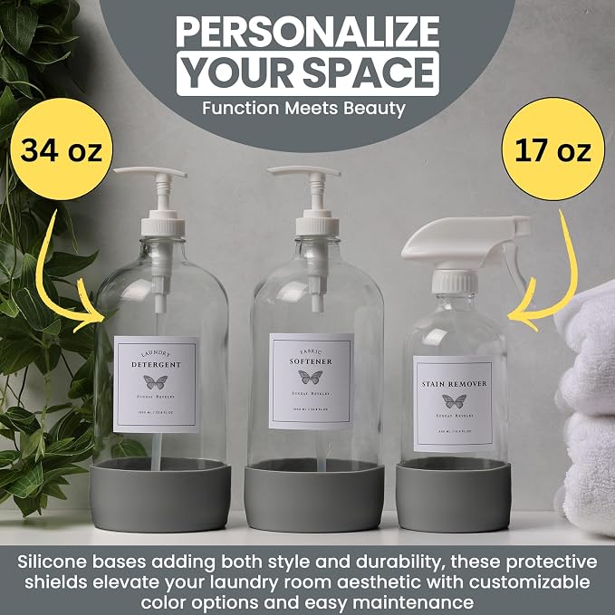 Glass Laundry Dispenser Set w/Silicone Base, 2x 34 oz & 1x 17 oz Pump Dispensers - Image 4
