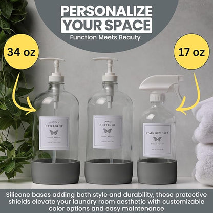 Glass Laundry Dispenser Set w/Silicone Base, 2x 34 oz & 1x 17 oz Pump Dispensers - Image 4