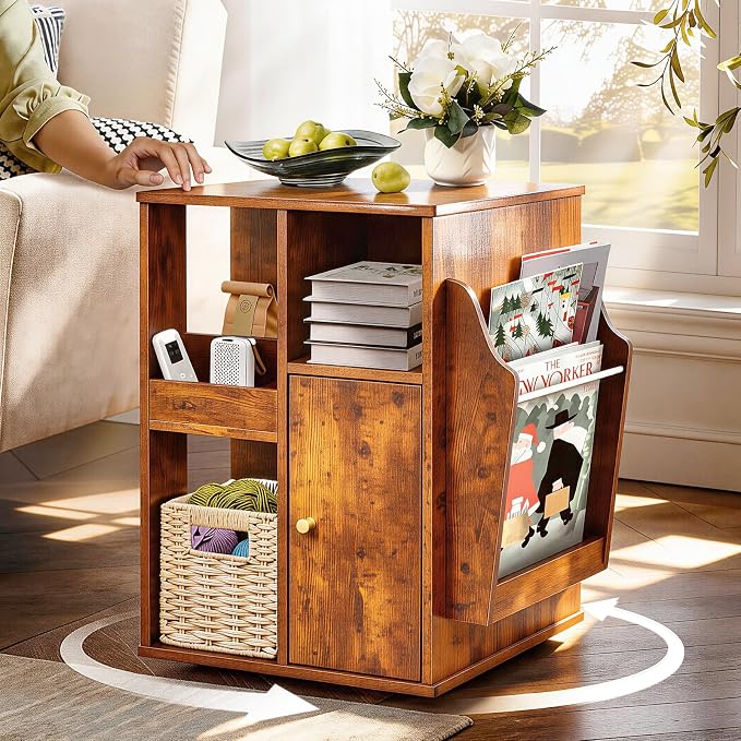 Square Rotating End Table with Storage, Rustic Brown | Side Table with Magazine by TooCust