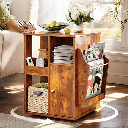 Square Rotating End Table with Storage, Rustic Brown | Side Table with Magazine by TooCust