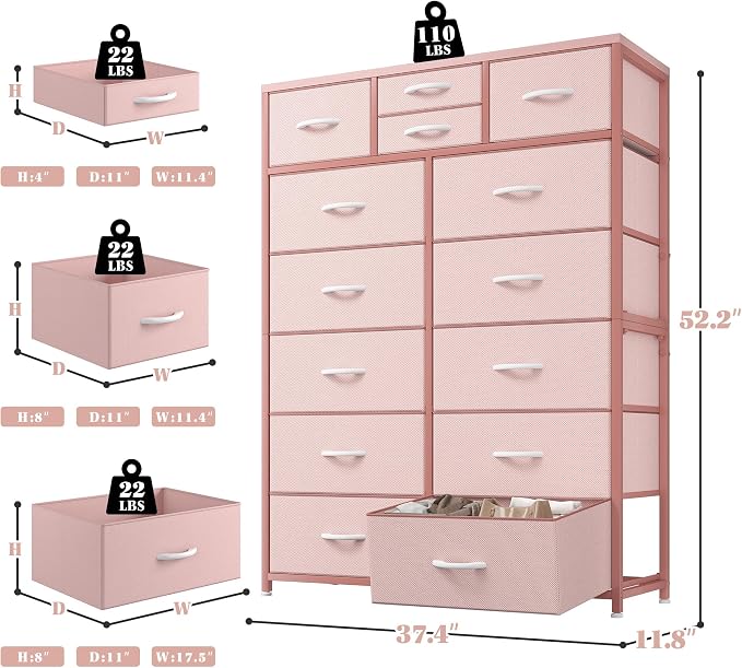 EnHomee 52.2" H Pink Dresser for Bedroom, Vertical Storage Tower, Anti-Tip | - Image 3