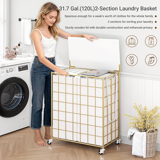 Laundry Basket with Wheels, Heavy Duty Laundry Sorter 2 Sections, 120L Large - Image 6