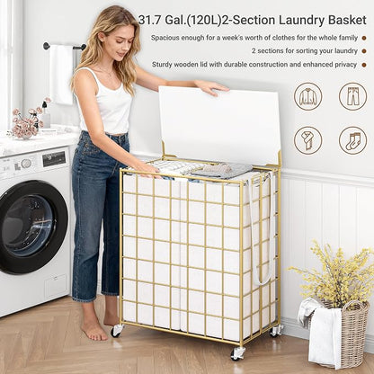 Laundry Basket with Wheels, Heavy Duty Laundry Sorter 2 Sections, 120L Large - Image 6