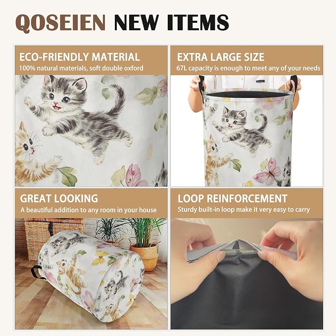 Cute Cats Laundry Hamper, Collapsible Laundry Baskets, Butterfly Floral Dirty - Image 2