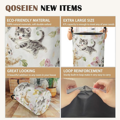 Cute Cats Laundry Hamper, Collapsible Laundry Baskets, Butterfly Floral Dirty - Image 2