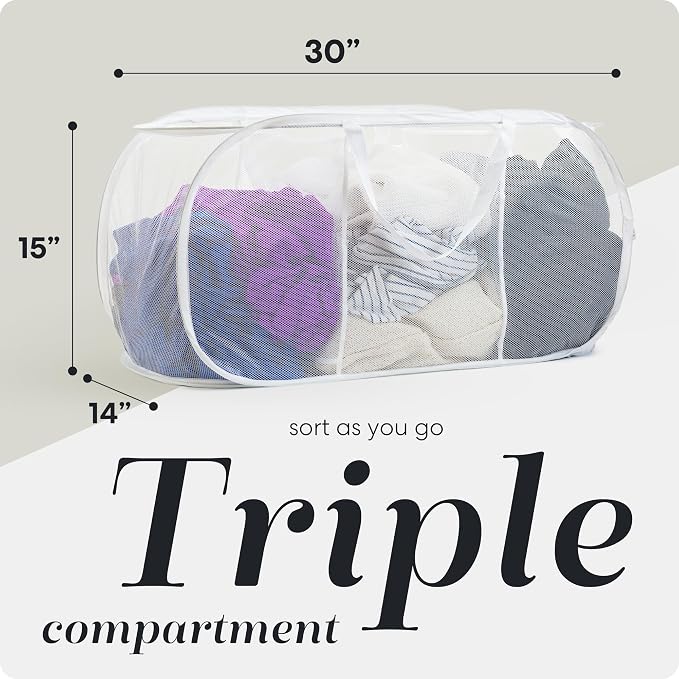 Handy Laundry Collapsible Laundry Basket, 3-Compartment Mesh Laundry Sorter - Image 2