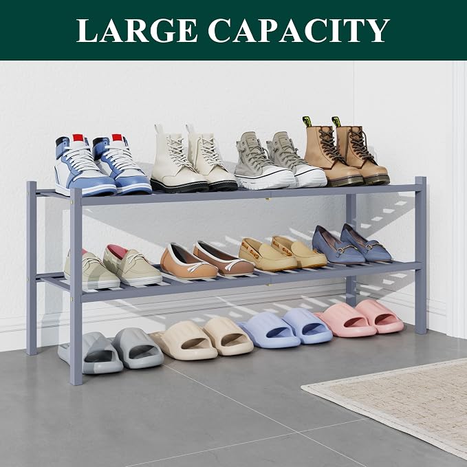 Smiry Bamboo Shoe Rack for Closet, 2 Tier Long Wooden Stackable Shoe Organizer - Image 4