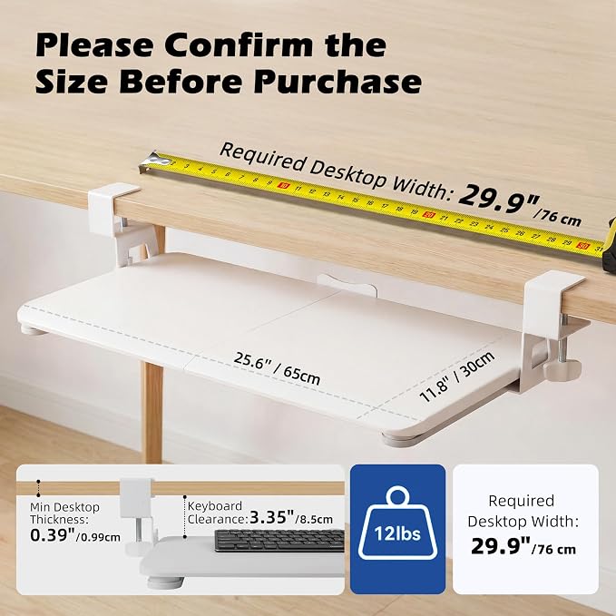 White Keyboard Tray Under Desk Clamp, 26.77" Large Under Desk Keyboard Tray - Image 2