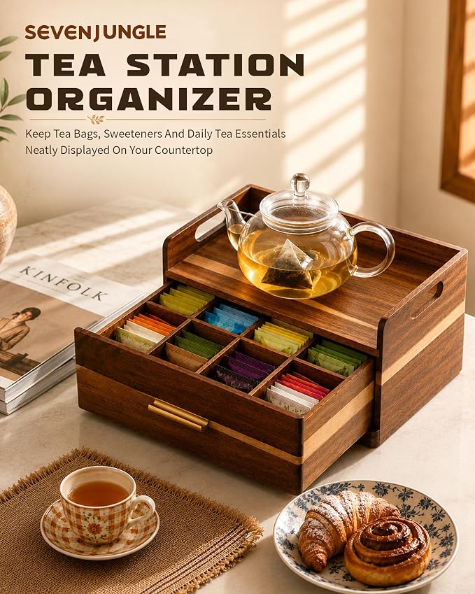 Acacia Wood Tea Bag Organizer for Countertop, Tea Holder Organizer - Image 5