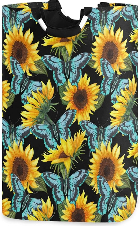 Abstract Sunflower With Blue Butterfly Large Laundry Hamper with Handle by visesunny