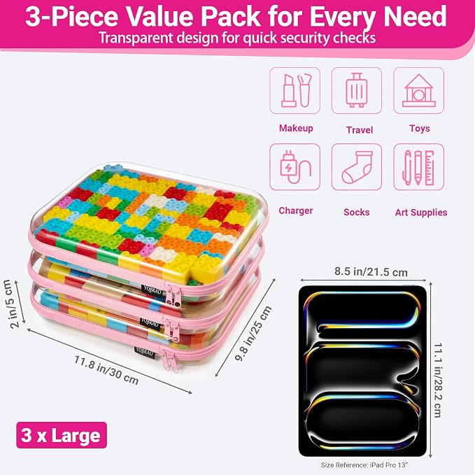 YQBRAO 3-Pack Large Clear Hard Shell Zipper Case, 1.2mm Ultra-Thick Rigid Toy & - Image 4