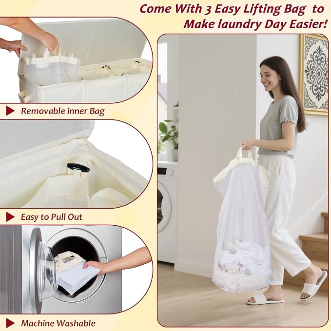195L Laundry Hamper 3 Section, Large Laundry Hamper - Image 6