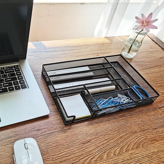 Metal Mesh Desk Drawer Organizer Tray, 6-Compartment Office Drawer Organizer - Image 2