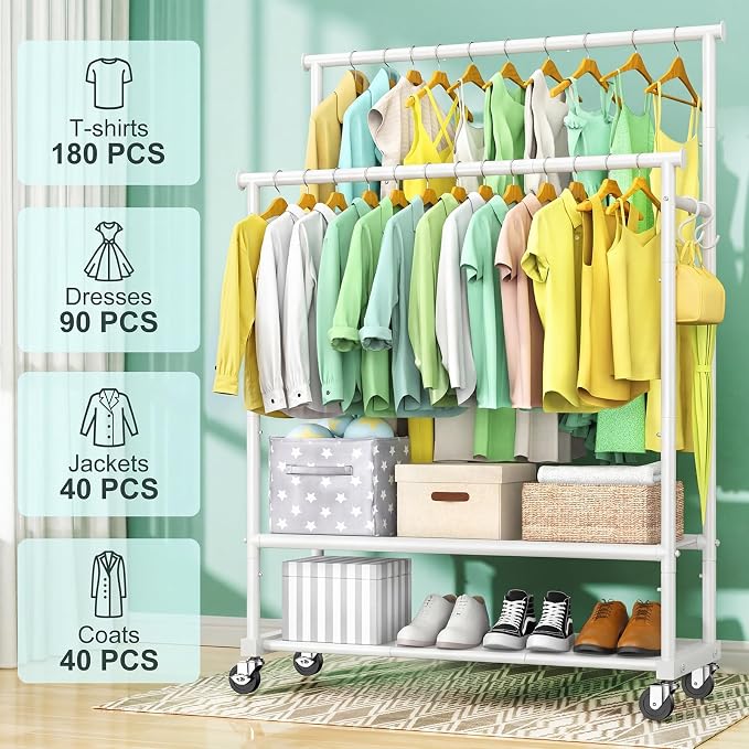 Double Rods Clothes Rack for Hanging Clothes, Heavy Duty Rolling Clothing Rack - Image 2