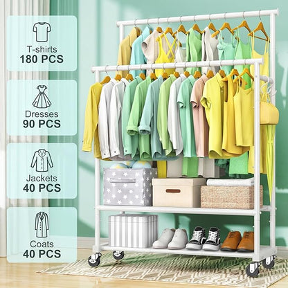 Double Rods Clothes Rack for Hanging Clothes, Heavy Duty Rolling Clothing Rack - Image 2