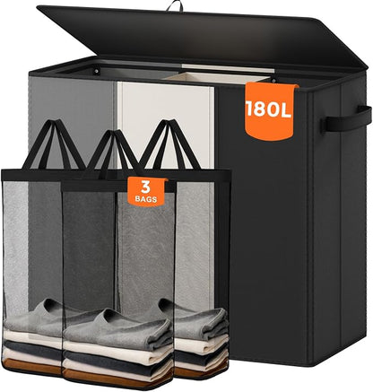180L Laundry Hamper 3 Section, Large Laundry Basket by Optish
