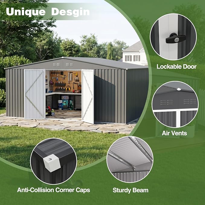 14 x 12 FT Outdoor Storage Shed, Heavy-Duty Galvanized Steel Tool Shed - Image 3