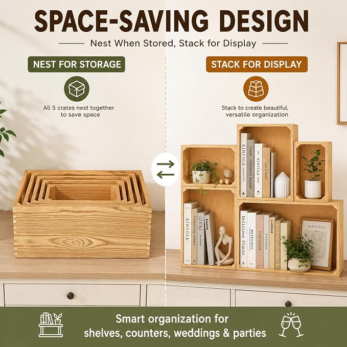 5 Pack Wooden Crates for Display Nesting Wood Crate for Storage - Image 4