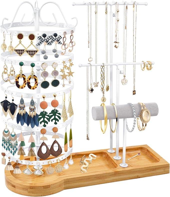 Jewelry Organizer Stand with Bamboo Base, Metal Rotating Earring Holder by SMFANLIN