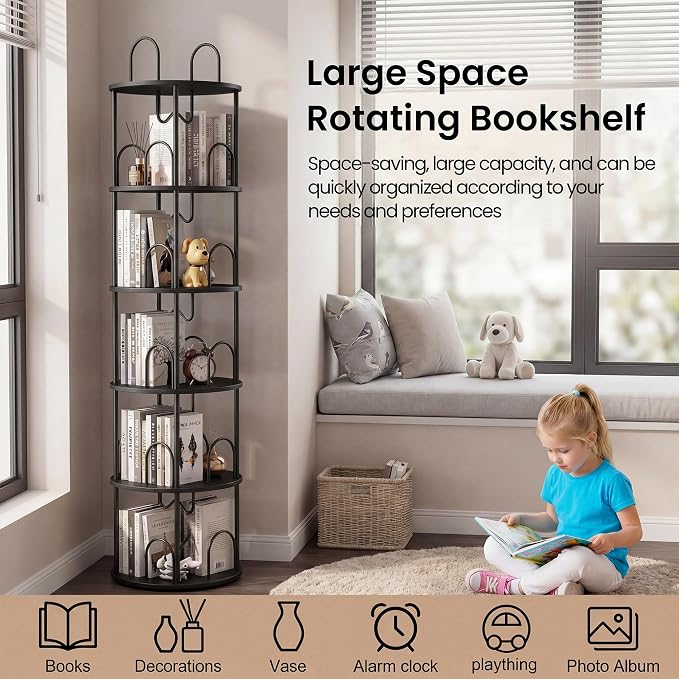 5 Tier Rotating Bookshelf, 360° Spinning Bookshelf Tower, Narrow Corner Book - Image 5