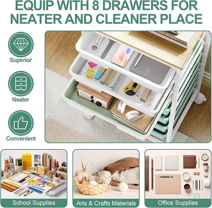 Storage Cart with 8 Drawers, Utility Cart with White Drawers and Wooden Tabletop - Image 3