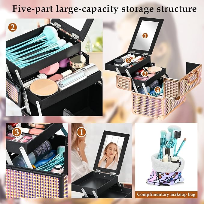 Makeup Case Organizer, Makeup Train Case, Trays Cosmetic Box Portable, - Image 4